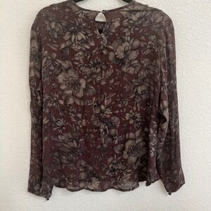 Womens Floral Long Sleeve Blouse Brown Tan Keyhole Back Round Neck Top